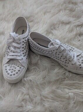 Superga White Canvas Sneakers with Silver Stud Accents